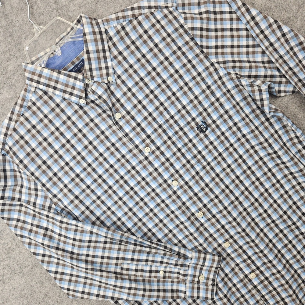 Chaps Button Down Shirt Men's Blue Brown Size M Easy Care Checks Long Sleeve